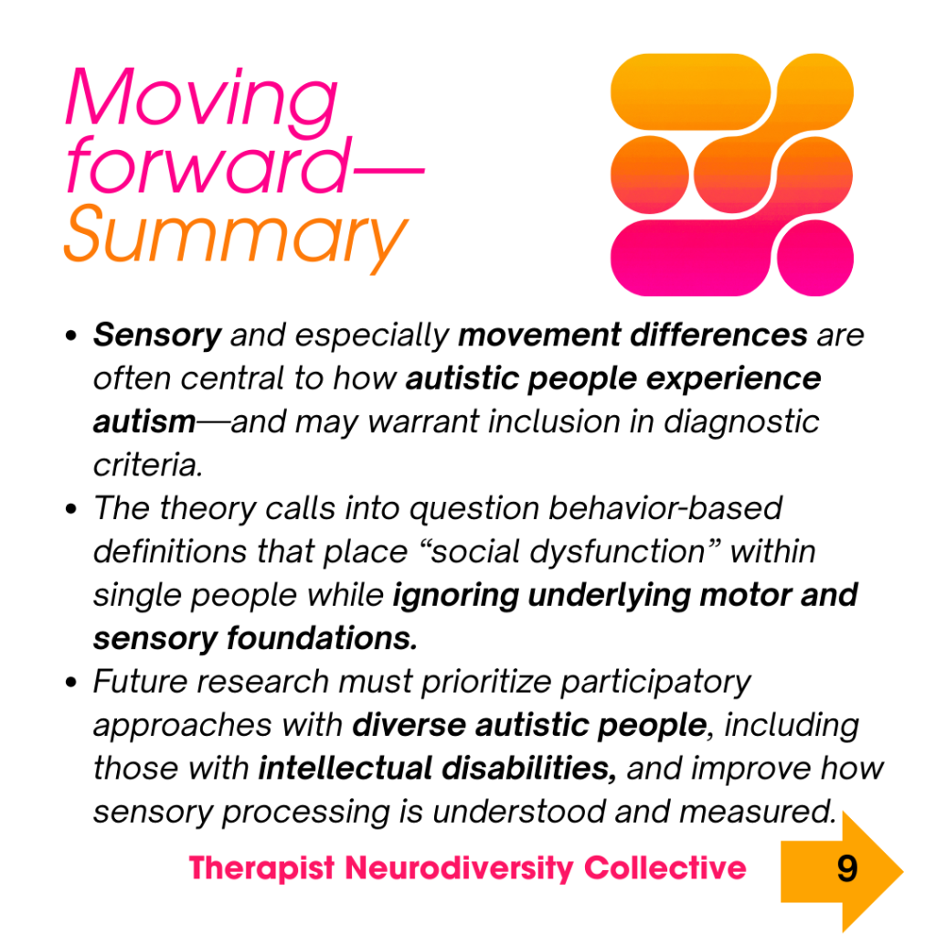 The theory calls into question behavior-based definitions that place “social dysfunction” within single people while ignoring underlying motor and sensory foundations. Future research must prioritize participatory approaches with diverse autistic people, including those with intellectual disabilities, and improve how sensory processing is understood and measured.